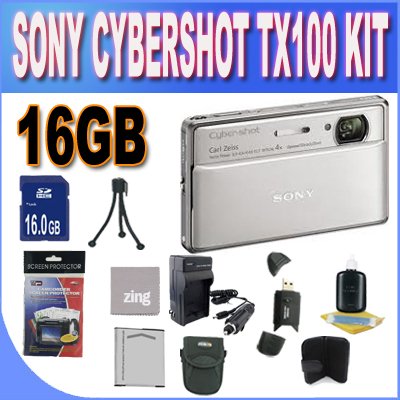 Sony Cyber-Shot DSC-TX100V 16.2 MP Exmor R CMOS Digital Still Camera with 3.5-inch OLED Touchscreen, 3D Sweep Panorama and Full HD 1080/60p Video (Silver)+ 16GB SDHC Memory + Extra Extended Life Battery + Ac/Dc Charger + SDHC Card Reader + Memory Card Wallet + Shock Proof Case w/Strap + MicroFiber Cleaning Cloth + Mini Tripod + Accessory Saver Bundle! On Sale