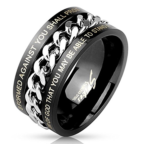 STR-0508 Stainless Steel Center Chain Spinner with Bible Verses Black IP Ring