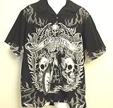 Dragonfly Clothing The Rising Shirt Black & White Skeleton on Motorcycle Shirt Med. - 3XL
