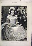 LITTLE GIRL READING SITTING CHAIR FLOWERS OLD PRINT1879
