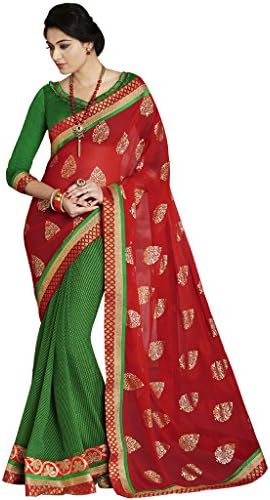 Varibha Branded Designer Indian Pakistani Georgette Red Green Half And Half With Lace Heavy Saree ( Best Gift For Mom, Wife, Sister )