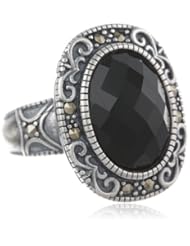 Sterling Silver Oxidized Gemstone, Marcasite and Crystal Filigree Oval Ring, Size 7