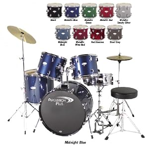 Percussion Plus Deluxe Beginner 5-Piece Drum Set w  Cymbals and Throne - Metallic Smoky Silver by 