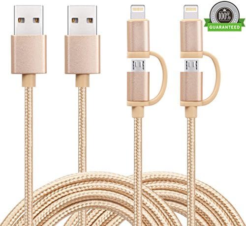 Amoner 2Pack 3FT 2in1 Nylon Braided Lightning and Micro USB Charging Cable iPhone Charger Cord for iPhone 7/7plus/6/6s5,5s,5c,SE,iPad Mini/Air,iPod,Google Nexus,Samsung Galaxy,HTC,Nexus and More(Gold)