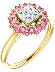 18K Yellow Gold Princess Cut Diamond and Pink Sapphire Flower Inspired Ring -- LIFETIME WARRANTY