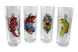 Set Of 4 Ed Hardy Ocean Tattoo Tall Shooter Glasses