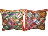 Floor Pillow Cover-2 Dark Chocolate Ivory Green Sari Blue Zari Borders Toss Pillow Cushion Covers Free Shipping