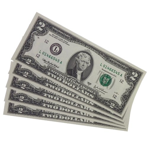 Two Dollar Bills (5) Five Consecutive Choice Crisp Uncirculated Brand New $2 Bill in Collectible Currency Holder