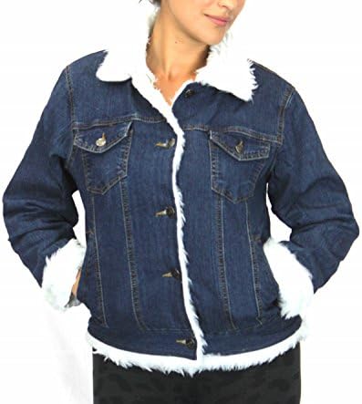 Long Sleeves Blue Denim Jeans Jacket With White Faux Fur (2X, Blue Denim)