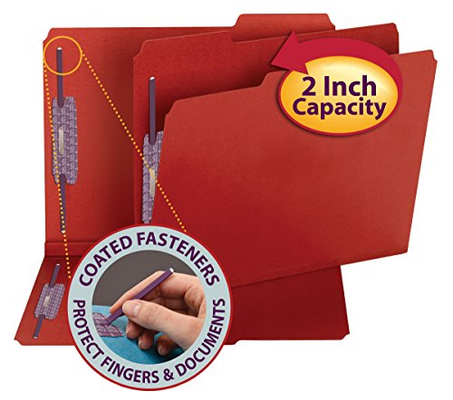 SMEADPressboard Fastener File Folder with SafeSHIELD Fasteners, 2 Fasteners, 1/3-Cut Tab, 2" Expansion, Letter Size, Bright Red, 25 per Box (14936)
