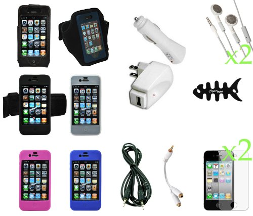 CrazyOnDigital Accessories - Case Charger and Cable Screen Protector Kit - 17 Item Combo Pack for Apple iPhone 4G
