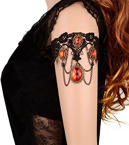 Fashionistra Hot Red Stones Upper Armlet Black Lace Arm Bronze Chain Handmade Bangle Bracelet