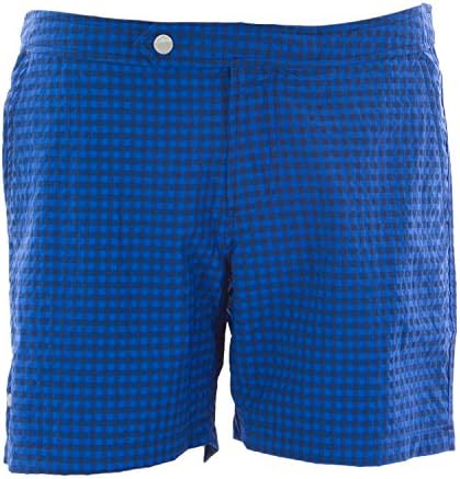 Olasul Men's 6" Woven Microcheck Trunks, Navy/Blue, 28 US