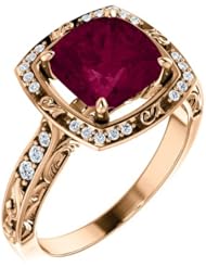 18K Rose Gold 8.00x8.00mm Antique Cushion Cut Rhodolite Garnet and Diamond Ring -- LIFETIME WARRANTY