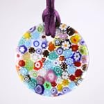 Handmade Multi-Color Millefiori Murano Glass Pendant - Daisy with Purple Cord