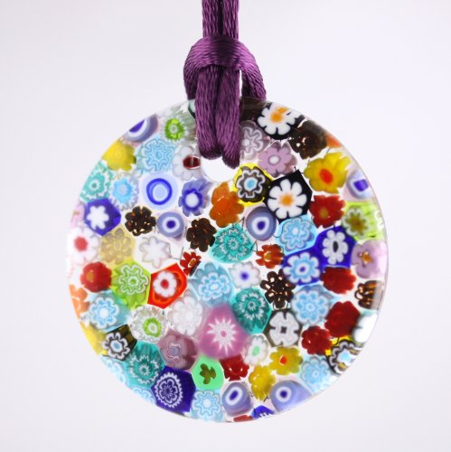 Handmade Multi-Color Millefiori Murano Glass Pendant - Daisy with Purple Cord
