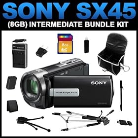 Sony DCR-SX45 Handycam Camcorder (Black) (8GB Intermediate Bundle Kit) includes Charger, Battery, 8GB SD Memory Card, Carrying Case, Full Size Tripod, Monopod, Mini Tripod, Card Reader, Card Wallet, Cleaning Kit - (DCRSX45/B)