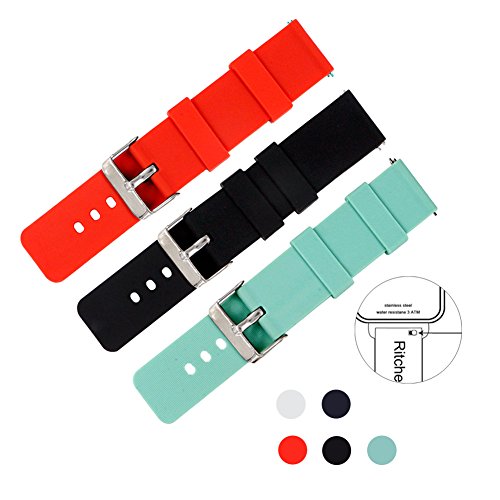 Ritche 3pc 22mm Quick Release Watch Bands Soft Silicone Rubber replacement Watch strap (Black/Red/Green)