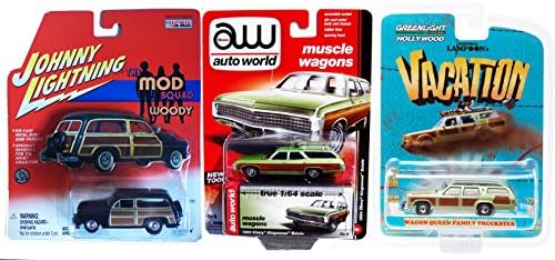 Woody Station Wagon Set: Johnny Lightning Mod Squad Woody; Greenlight Vacation Wagon Queen Family Truckster; Auto World Muscle Wagons 1969 Chevy Kingswood Estate 3-Car Bundle