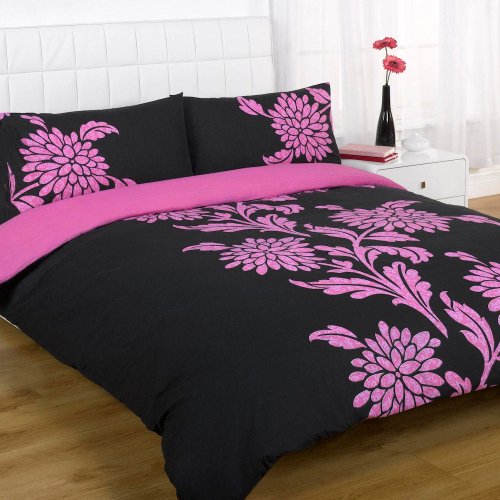 Funky Chrysanthemum Black Pink Super King Duvet Quilt Cover