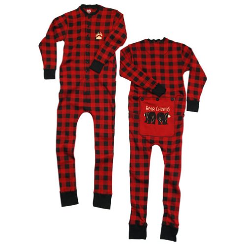 Lazy One Flapjacks Adult Pajamas (Red Plaid Bear Cheek, Medium)