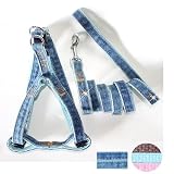 "Fab Denim" Blue Denim / Soft Leather Padded Dog Harness & Leash Set - Large (19"-29"), Blue