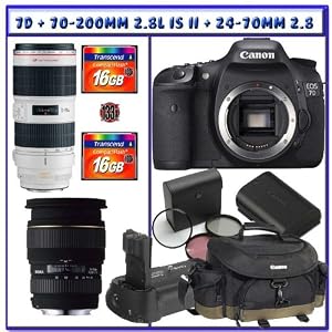 Canon EOS 7D SLR Digital Camera (Body Only) + Canon EF 70-200mm f/2.8L IS II USM Lens + Sigma 24-70mm f/2.8 EX DG Macro DF Lens + Canon Gadget Bag + Canon 7D Battery Grip + Canon 7D Battery Pack + 32GB CF Deluxe Adventures Package