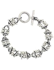 Sterling Silver Beaded Oval Link Bracelet Toggle Clasp Handmade 5/8 inch wide, sizes 8, 8.5 & 9 inch