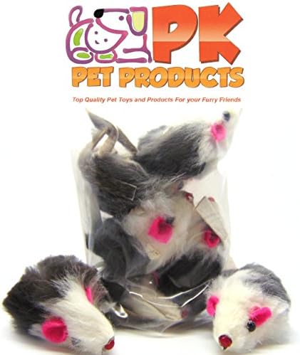 Real Rabbit Fur Short Hair Mice 5 Pack Toy w/rattle! White and Gray Fur Pink Ears. Furry Fun!