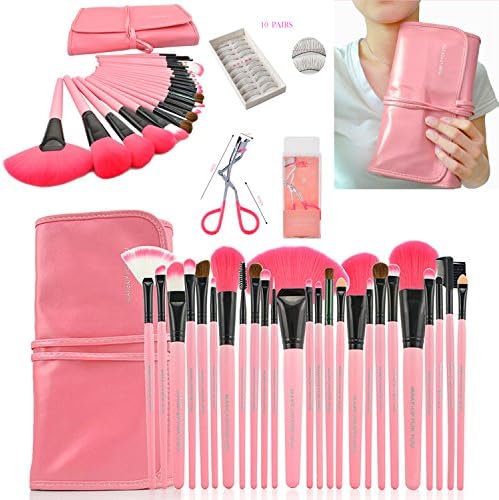 Makeup Brush Set Professional 24 Pieces Makeup Brushes Cosmetic Makeup Tool Set with 10 Pairs of False Eyelashes and a Pink Eyelash Curler - All-in-one Make up Tools (Pink)
