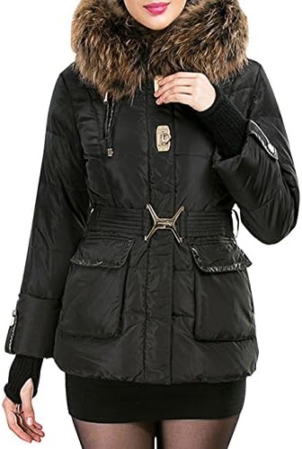 OU-XIN Women's Luxury Large Racoon Fur Trim Slim Fit Short Down Coat Jacket Black M
