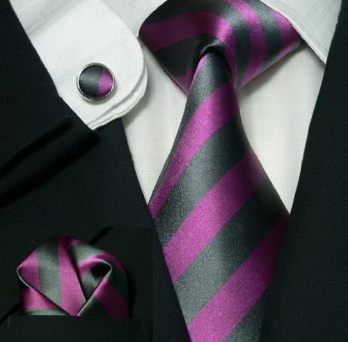 Landisun 596 Dark Purple Black Stripes Mens Silk Tie Set: Tie+Hanky+Cufflinks