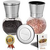 Premium Salt and Pepper Grinder Set, Stainless Steel with Glass Globe Base, Adjustable Ceramic Rotor, Salt Mill and Pepper Mill for Himalayan Salt, Peppercorn and Spices, BONUS eBook - By MegaMetz.