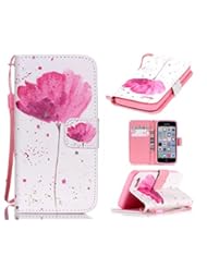 Wireless: 5c Case, iphone 5c Case, ArtMine One Pink Flower PU Leather Magnetic Closure Flip Folio Pouch Wallet Case with Wristlet and Credit/ID Card Cash Slot, White for Apple iphone 5c - ArtMine