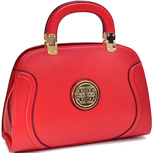 Dasein Fashion Leather Stitched Zip Around Gold Emblem Fashion Satchel, Shoulder Bag, Handbag, Tablet Bag, iPad Bag
