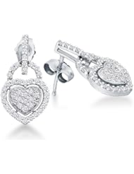 10K Yellow and White Two Tone Gold Channel Pave Set Round Diamond Heart Dangle Earrings with Push Back Closure - (1/3 cttw)