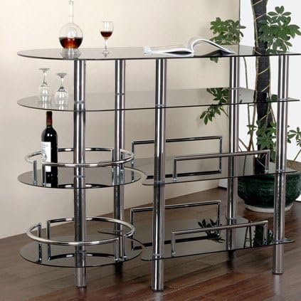 Home Bar with Wine Storage - Features Smoked Tempered Glass Top and Silver Finished Metal Frames