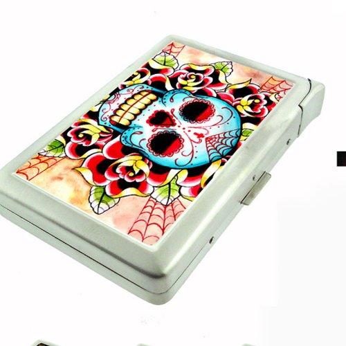 Metal Cigarette Case with Built In Lighter Skull Design-018