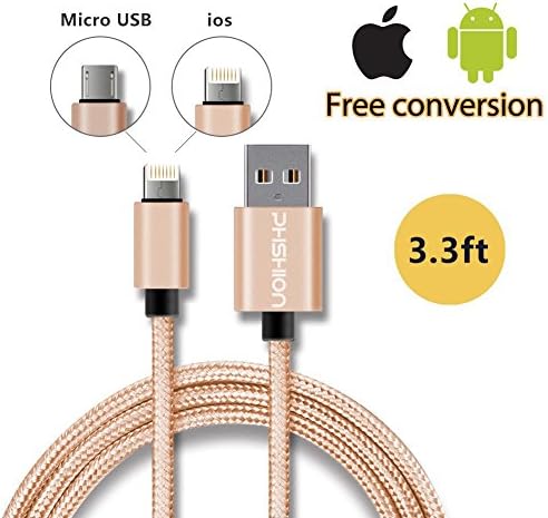 Phshion Reversible Micro USB Cable and Apple Lightning Cable 2 in 1 Joined Cord Both for IOS and Android System iPhone 6s/ 6s Plus/ 6/ 6 Plus/ 5/ 5c/ 5s/ iPad Air/Samsung/ (3.3feet 1meter)-gold