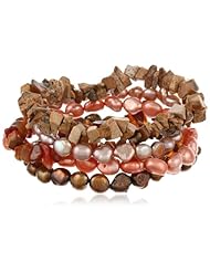 Autumn Leaf Multi-Color Freshwater Cultured Pearl and Gemstone Chips 5 Piece Stretch Bracelet Set, 7.5"