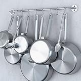 Steel Gourmet Kitchen 24 Inch Wall Rail and 10 S Hooks Set Utensil Pot Pan Lid Rack Storage Organizer Silver Color