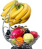 Fruit Basket With Banana Holder - Chrome Metal Wire Hanger - 14.76 inches tall