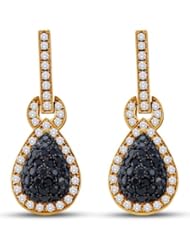 14K White Gold Round Brilliant Cut Black and White Diamond - Pear Shape Halo Prong Set Dangle Earrings - (1.80 cttw.)