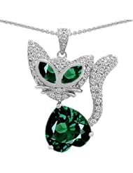 CandyGem 925 Silver Kitty Cat Heart Pendant with Simulated Emerald