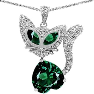 CandyGem 14k Gold Plated 925 Silver Kitty Cat Heart Pendant with Simulated Emerald