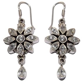 Silver Dangle Earings Gift of Love & Zircon Gemstone Indian Style 1.75 inches