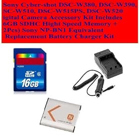 Digital Camera Accessory Kit for Sony Cyber-shot Dsc-w380, Dsc-w390, Dsc-w510, Dsc-w515ps, Dsc-w520 Includes 16gb Sdhc Hight Speed Memory + (2pcs) Sony Np-bn1 Equivalent Replacement Battery + Replacement Battery Charger Kit