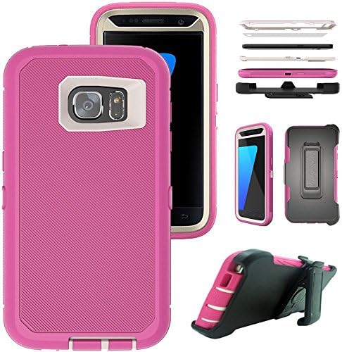 Galaxy S7 Edge Case,Samsung S7 Edge Tough Defender Armor Cover With Belt Clip[Built-in Screen Protector][4 Layer][Shock Absorbent][Dust Proof][PC + TPU Combo Protective] (Pink/White)