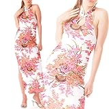 上品な和花柄♪ホルターチャイナドレスM白xピンク/uc20