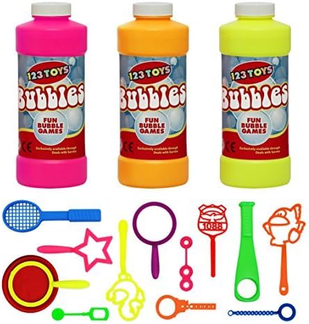 123 Toys Bubble Solution Refill Bottles with 10 Piece Wand Assortment Set. (2 Bubble Refill Bottles and 9 Wands with 1 Tray Per Set)